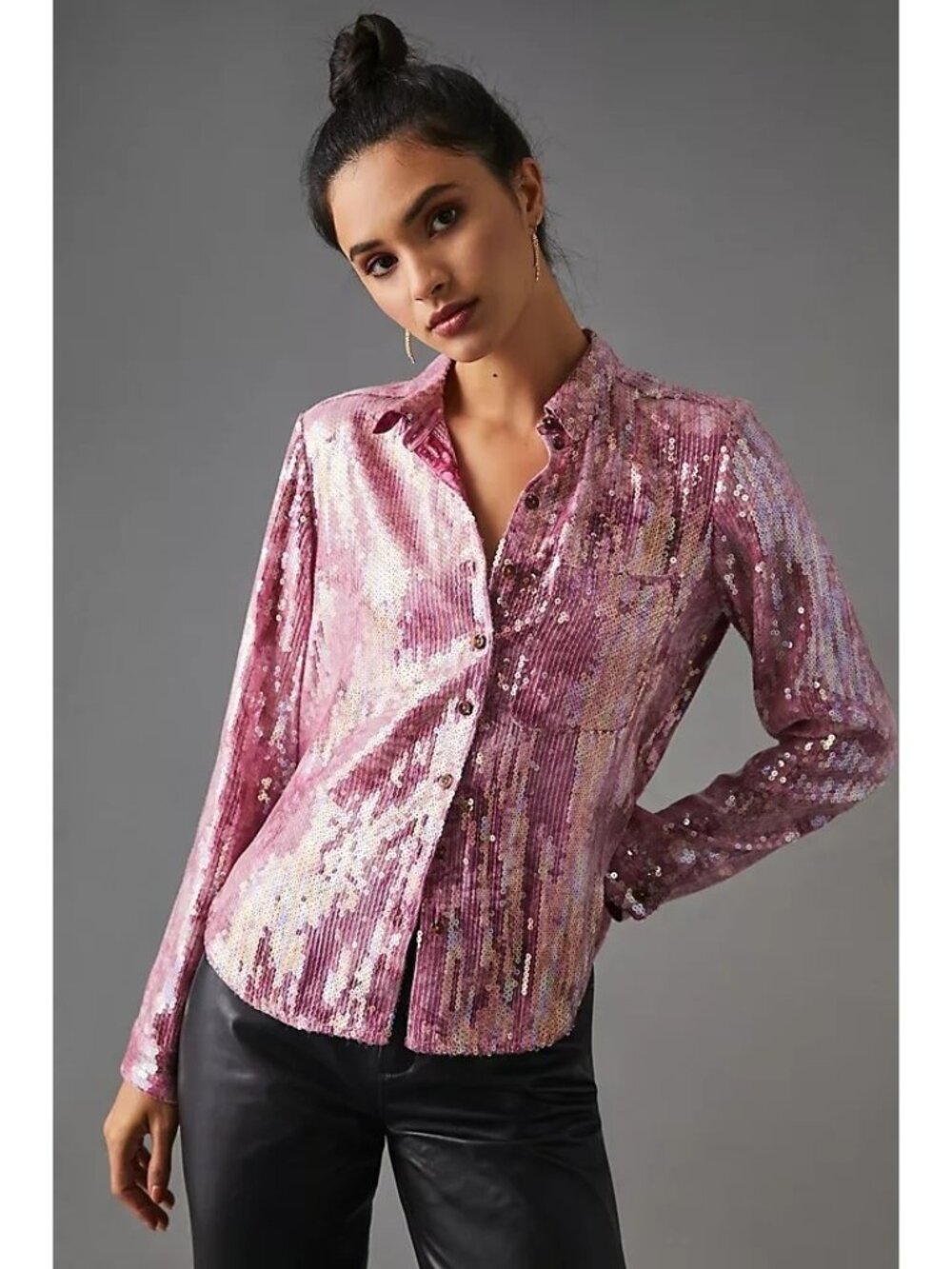 Anthropologie Pilcro Pink Sequin Button-Up Blouse Top Long Sleeves Size Large - Picture 16 of 16